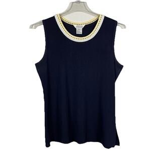 Exclusively Misook Knit Tank Top Size XL Navy Yellow White Trim Career Office